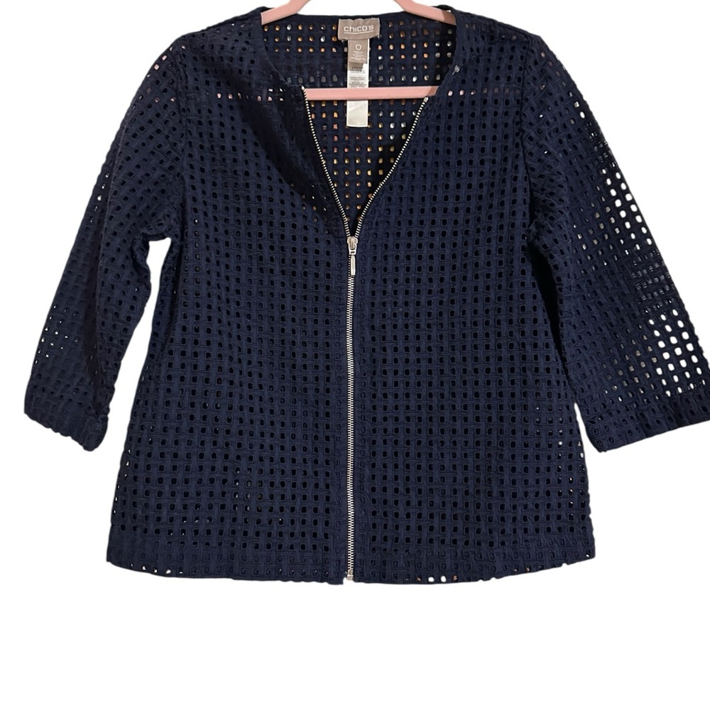 Women’s Chico's Navy 3/4 Sleeve‎ Cotton Eyelet Cardigan